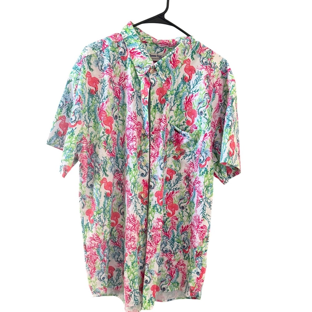 Banana Boat Mens XXL Seahorse Coral Tropical Button‎ Down Shirt UPF 50+ Stretch